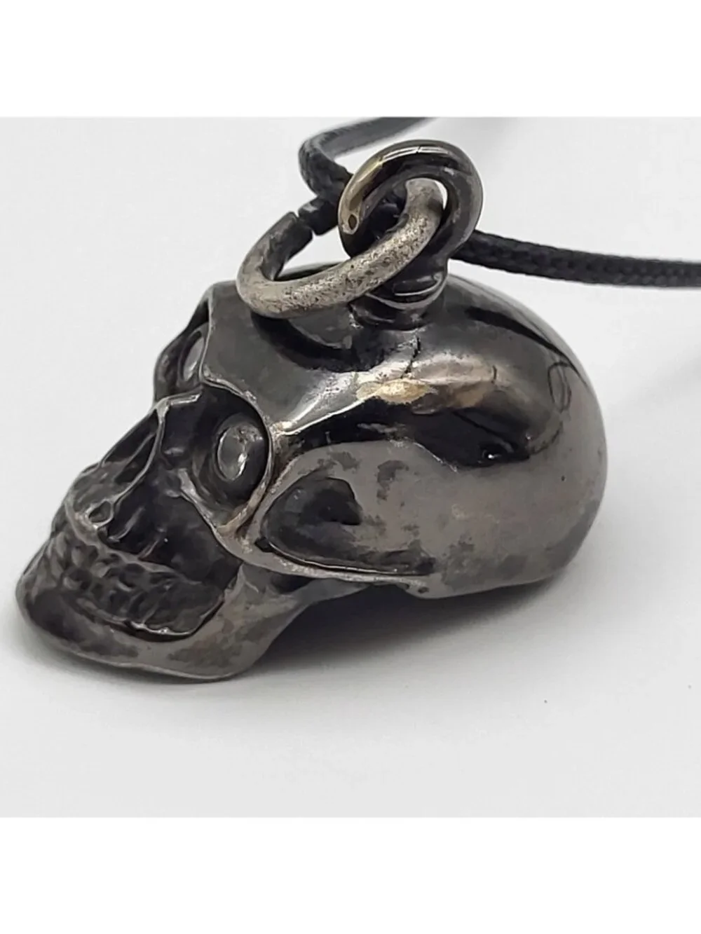 Gunmetal Gray Skull Crystal eyes Bell Pendant Biker Goth Halloween USA Made